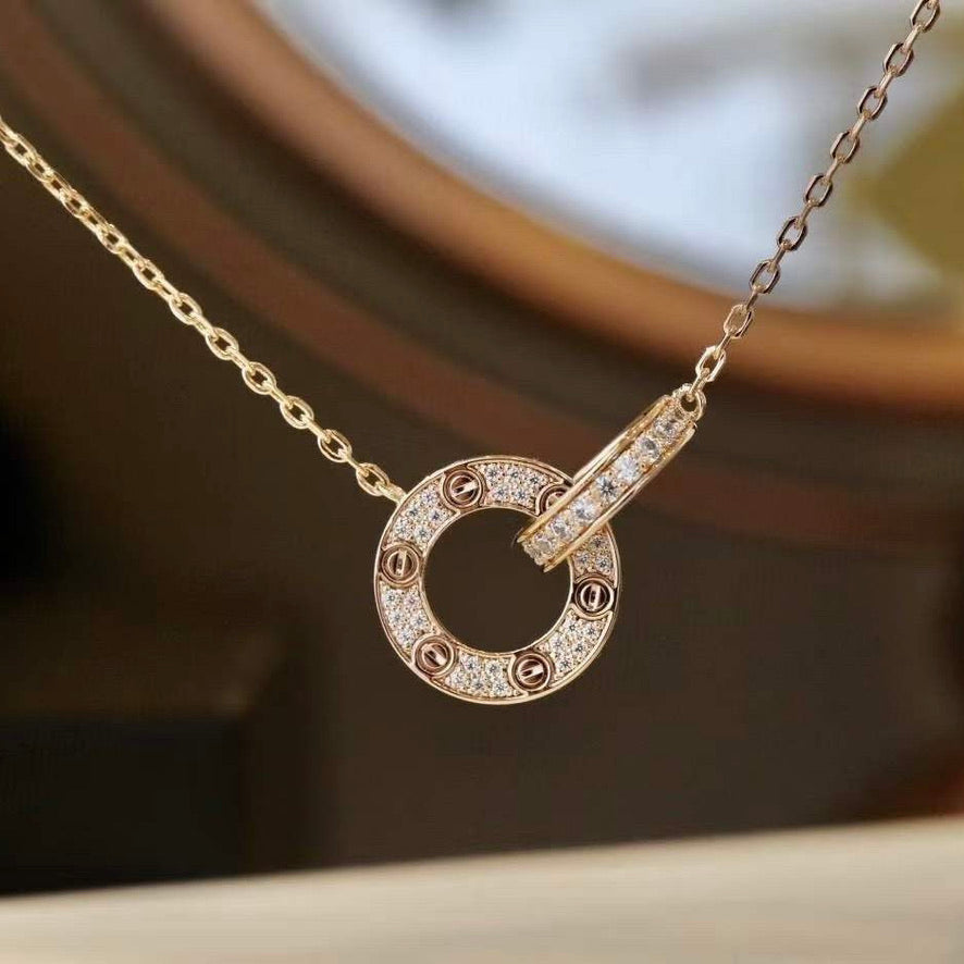 [Elitejewels]LOVE 7.6MM NECKLACE ROSE GOLD AND SILVER  FULL DIAMOND