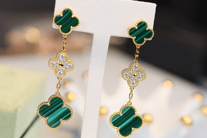 [Elitejewels]CLOVER EARRINGS GOLD MALACHITE DIAMOND 3 MOTIF