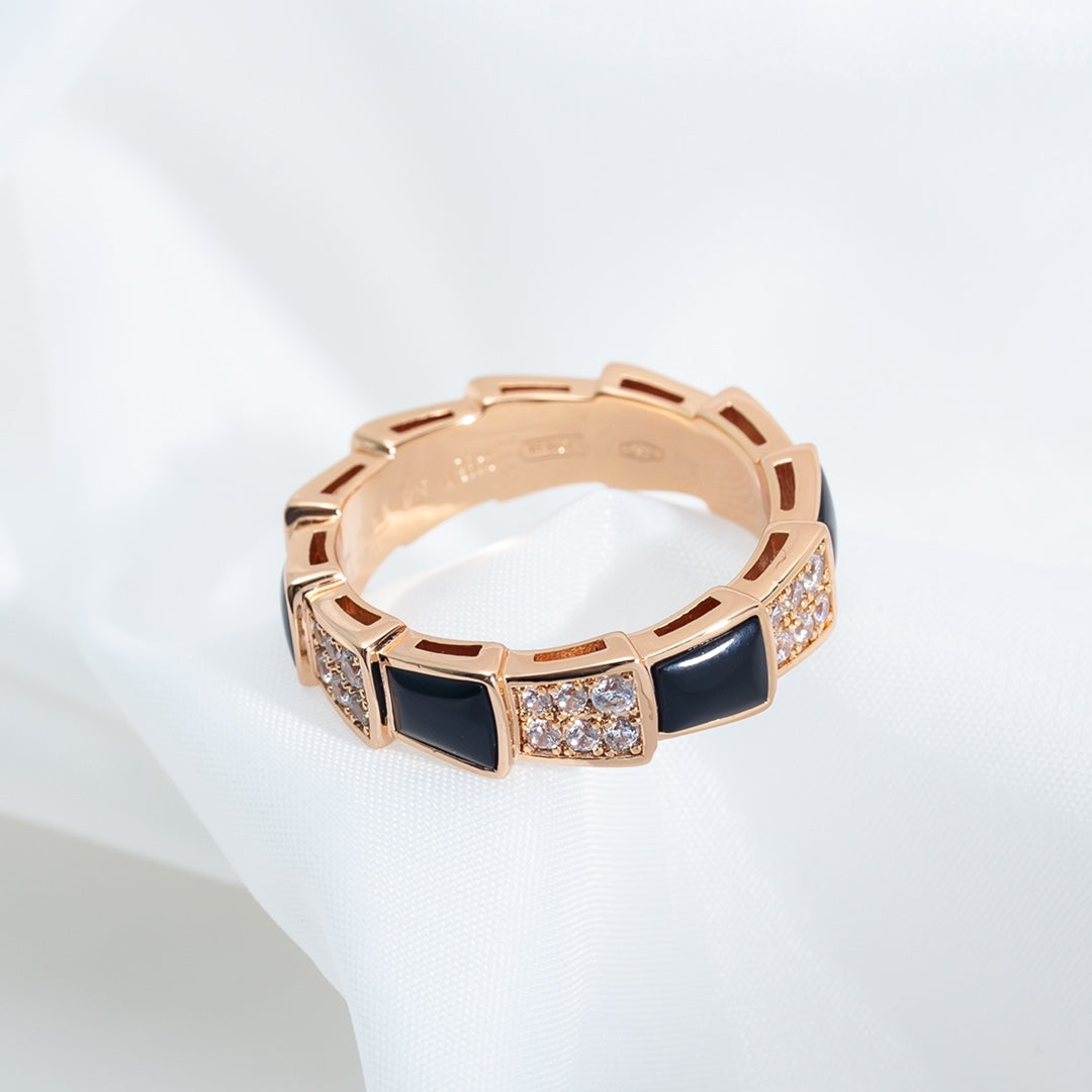 [Elitejewels]SERPENTI RING PINK GOLD BLACK MOP DIAMOND PAVED 4MM