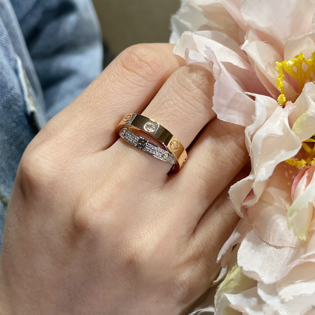 [Elitejewels]LOVE PINK GOLD SILVER DIAMOND DOUBLE RING