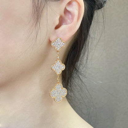 [Elitejewels]CLOVER 3 MOTIFS DIAMOND PAVED ROSE GOLD EARRINGS