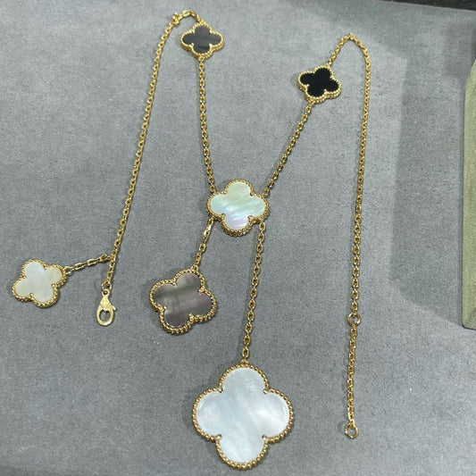 [Elitejewels]CLOVER 6 MOTIF MOP ONYX GOLD NECKLACE