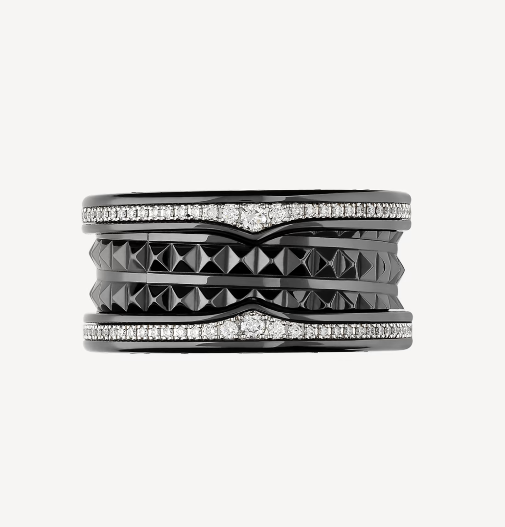 [Elitejewels]ZERO 1 ROCK FOUR-BAND BLACK CERAMIC WITH STUDDED SPIRAL AND PAVED DIAMONDS RING