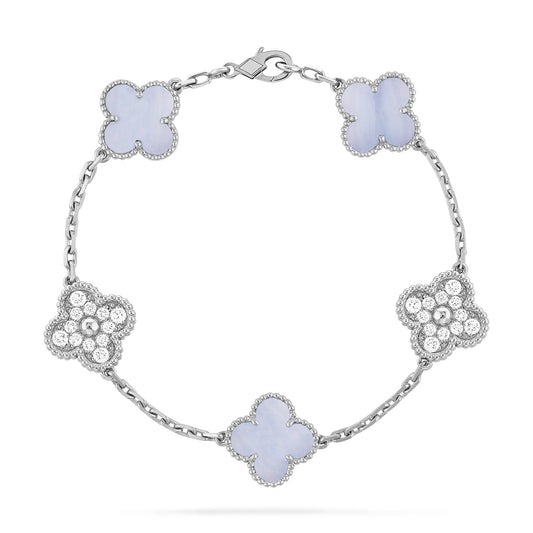 [Elitejewels]CLOVER 5 MOTIV DIAMOND LILA CHALCEDON ARMBAND SILBER 