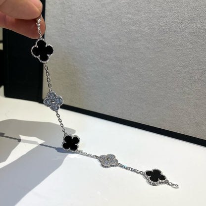 [Elitejewels]クローバー 5モチーフ オニキス ダイヤモンド ブレスレット シルバー