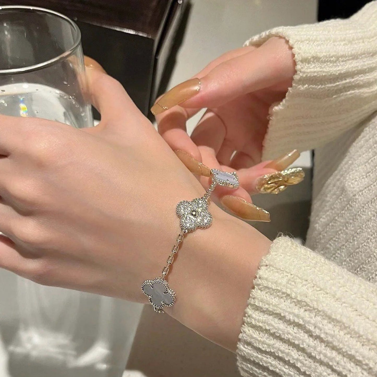 [Elitejewels]クローバー 5モチーフ ダイヤモンド パープル カルセドニー ブレスレット シルバー