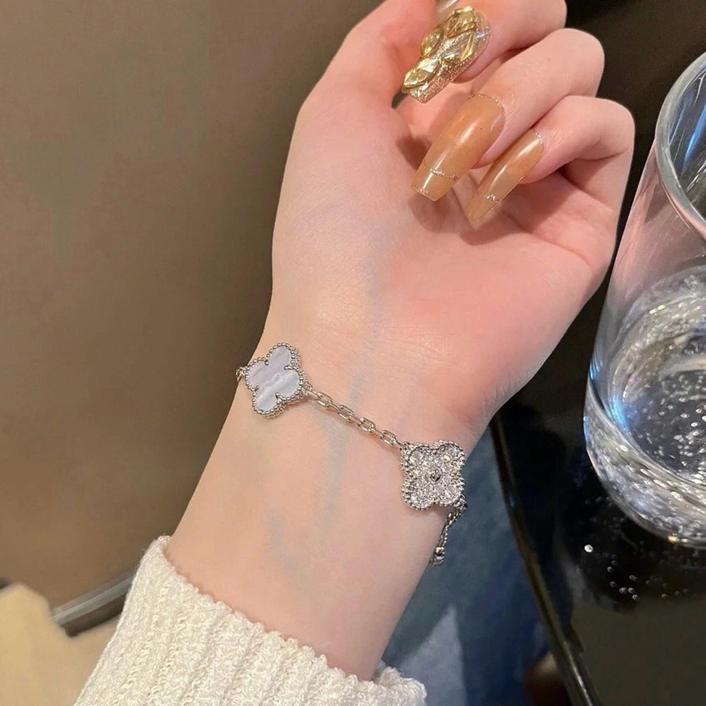 [Elitejewels]クローバー 5モチーフ ダイヤモンド パープル カルセドニー ブレスレット シルバー