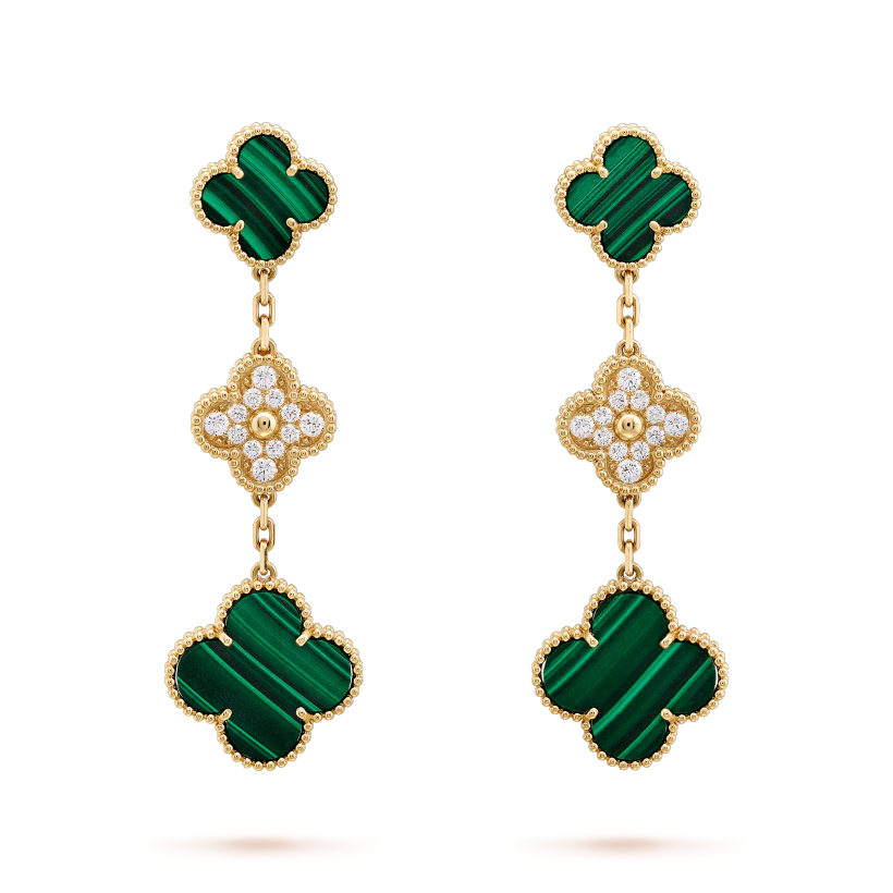 [Elitejewels]CLOVER EARRINGS GOLD MALACHITE DIAMOND 3 MOTIF